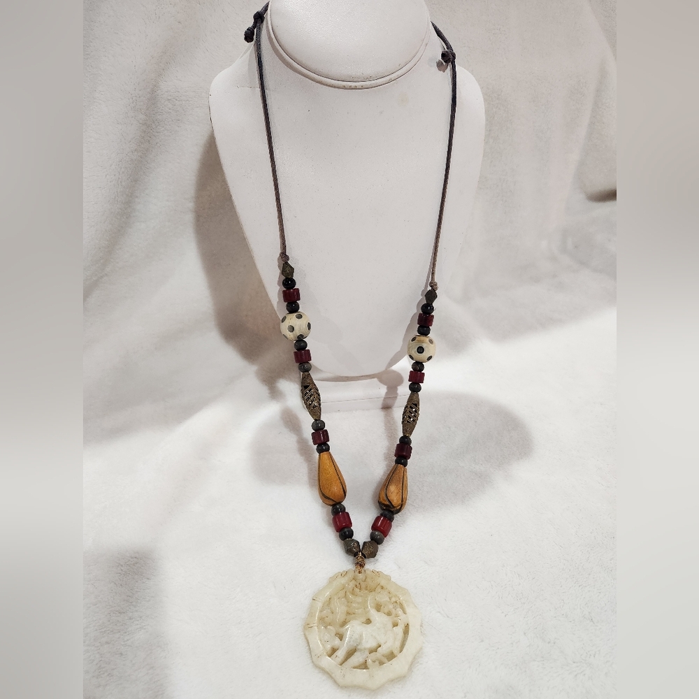 Chinese Beaded Necklace with Carved Jade Horse Pendant, Vintage